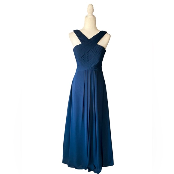 Azazie Navy Kaleigh A-Line Pleated Chiffon Maxi Dress - Picture 3 of 8